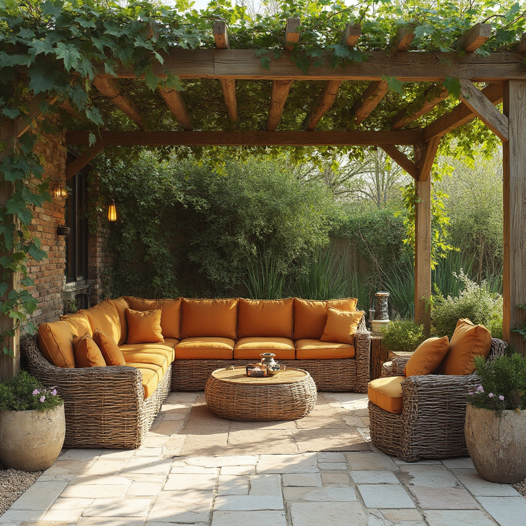 taras z kamienną podłogą, wiklinową sofą z poduszkami w kolorze ochry i drewnianą pergolą z pnączami