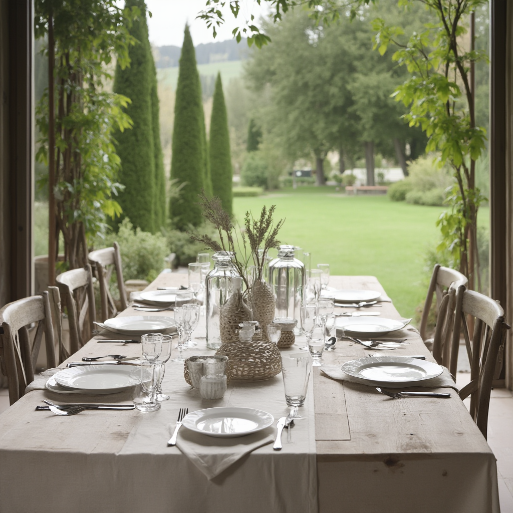 stół jadalniany z desek dębowych nakryty białym obrusem z ceramiką i szklanymi karafkami na tle widoku na ogród z cyprysami