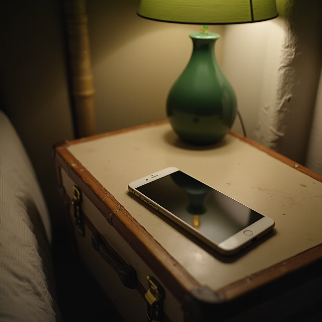 Kontrastowa kompozycja: nowoczesny smartfon leżący na szafce nocnej w kształcie walizki z lat 60., obok ceramicznej lampki z zielonym abażurem. Kadr skupiony na detalach.