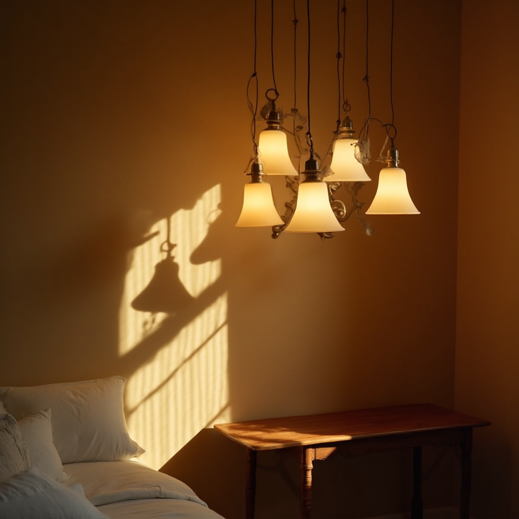 Nastrojowy kąt sypialni z żyrandolem o pięciu mlecznych kloszach wiszących nad drewnianym stolikiem. Światło tworzy miękkie cienie na ścianie w kolorze palonej ochry.
