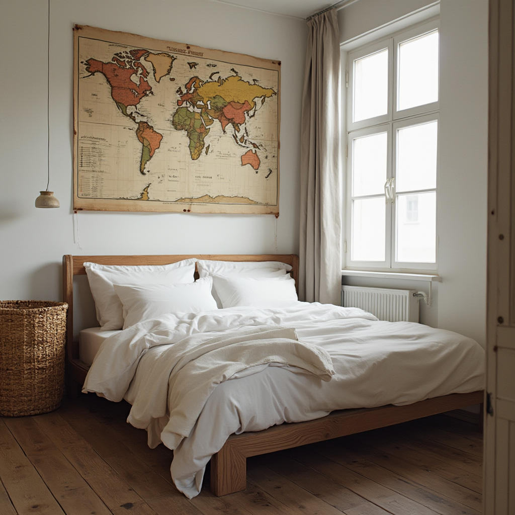 Kompaktowa sypialnia z łóżkiem typu platforma wyłożonym lnianą pościelą. Stara mapa świata na jednej ze ścian sąsiaduje z wiklinowym koszem na bieliznę. Kadr ukazujący efektywne wykorzystanie małej przestrzeni.
