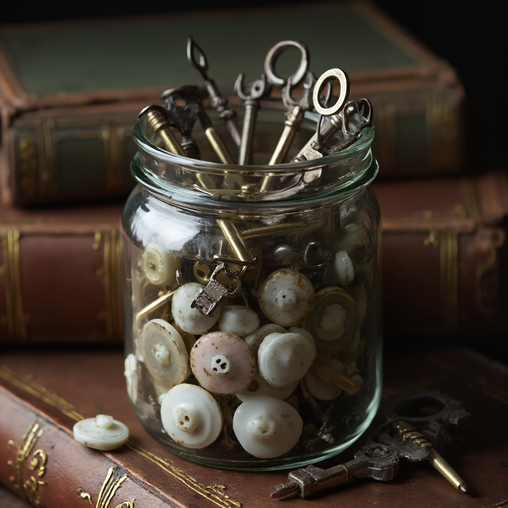 Makrostrefa dekoracyjna: układ starych kluczy i porcelanowych guzików w szklanym słoju, obok książki w skórzanej oprawie. Ostre światło padające z lewej strony podkreśla faktury.