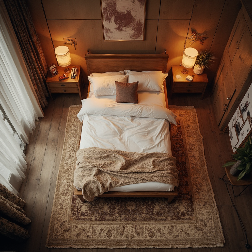 Ujęcie całej sypialni z powietrza ukazujące harmonijną kompozycję wszystkich elementów. Centralnie drewniane łóżko, po bokach nierównomiernie rozmieszczone meble i dekoracje. Ciepła tonacja kolorystyczna z akcentami miedzi.