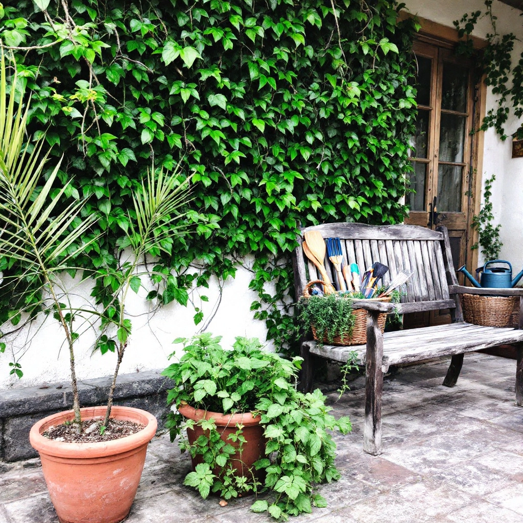 Taras z zieloną ścianą z bluszczu, donicami z palmą i ziołami oraz drewnianą ławką. W tle widoczne konewka i narzędzia ogrodnicze w wiklinowym koszu.