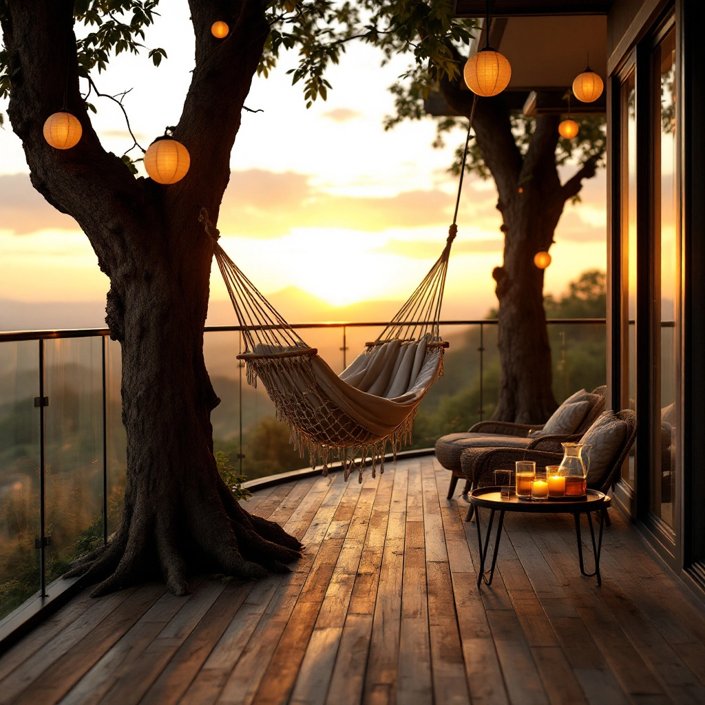 Taras o zachodzie słońca z podłogą z desek kompozytowych, hamakiem między drzewami i świecącymi lampionami w kształcie kul. W tle widoczna szklana balustrada i stolik z tacą na drinks.