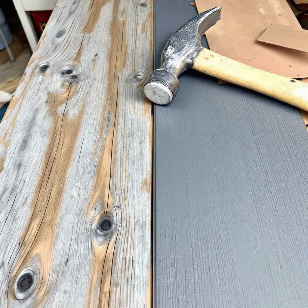 Porównanie desek drewnianych i kompozytowych – zbliżenie na fakturę, widoczne różnice w odcieniach i strukturze powierzchni. W tle narzędzia do przewiązywania szpar między deskami.