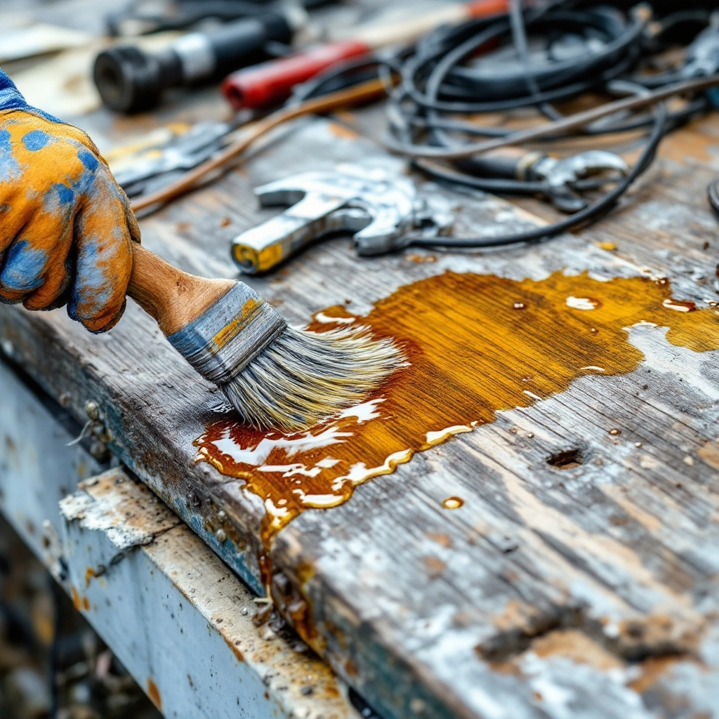 Ręka nakładająca olej na deskę tarasową za pomocą pędzla. Widoczne krople oleju na powierzchni drewniane, w tle otwarta puszka z narzędziami.