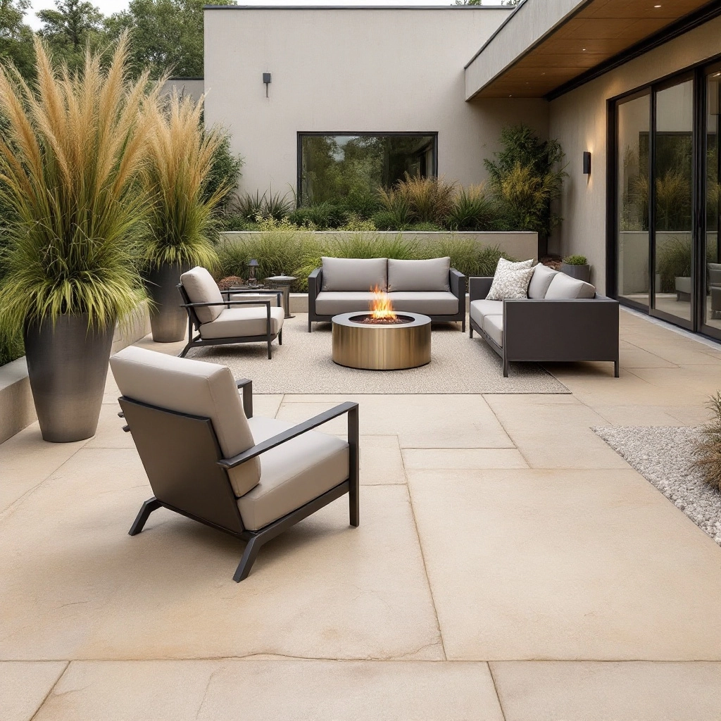 Taras wyłożony dużymi płytami piaskowca w odcieniu beżu. Meble w kolorze grafitu, prosty kominek gazowy w formie walca, po bokach wysokie donice z trawami ozdobnymi.