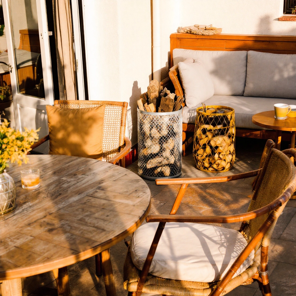 Taras podzielony na strefę jadalną z okrągłym stołem i krzesłami w kolorze khaki oraz część wypoczynkową z narożnikiem w odcieniach szarości. W środkowej części metalowy kosz na drewno kominkowe.