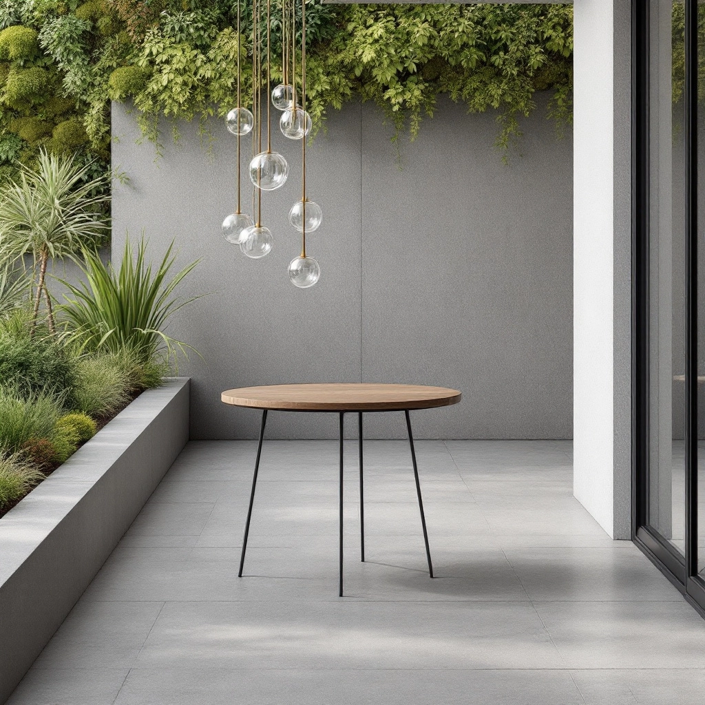 Nowoczesny taras z szarym gresem imitującym beton architektoniczny. W centrum okrągły stół na cienkich metalowych nogach, wiszące kule LED-owe nad stołem, w tle pionowy ogród z mchów.
