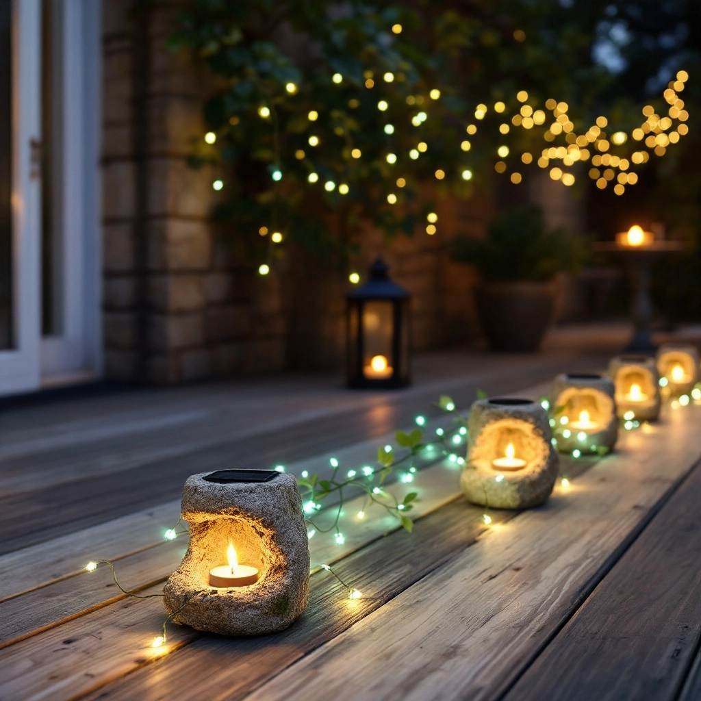 Wieczorny taras z oświetleniem LED w podłodze, girlandą żarówek nad stołem i lampami solarnymi w kształcie kamieni. W tle widoczne płomyki świec w szklanych lampionach.