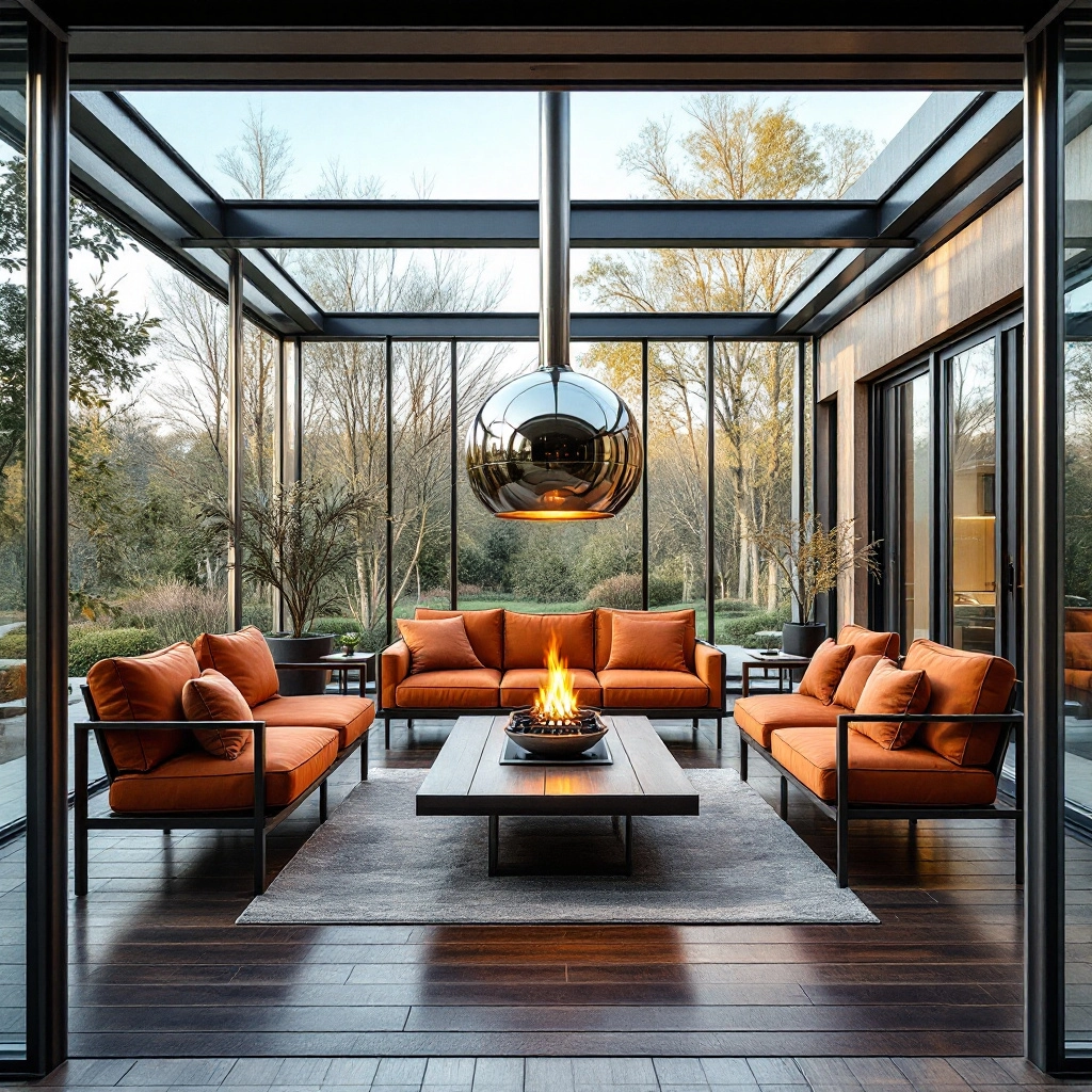 Przestronny taras ze szklanym zadaszeniem wspartym na cienkich stalowych słupach. Meble w kolorze miedzi, podłoga z desek termodrewna, na środku wiszący piecyk gazowy w formie kuli.