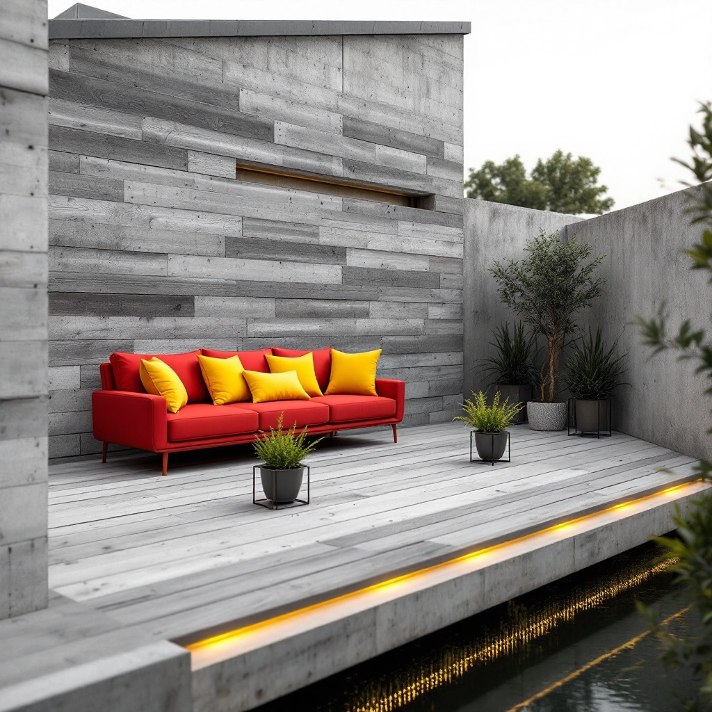 Betonowy taras przykryty drewnianymi panelami układanymi na legarach. W tle czerwona sofa modularna, żółte poduszki, donice z oliwkami w narożnikach, podesty z oświetleniem ledowym wzdłuż krawędzi.