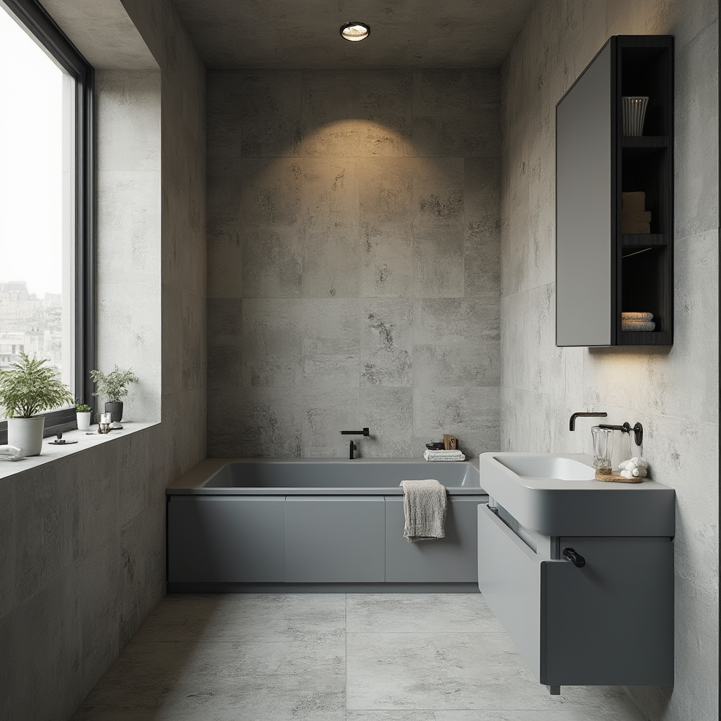 Wąska łazienka z szarą wanną zabudowaną pod oknem, płytki imitujące beton, wisząca szafka łazienkowa, lustro powiększające optycznie przestrzeń