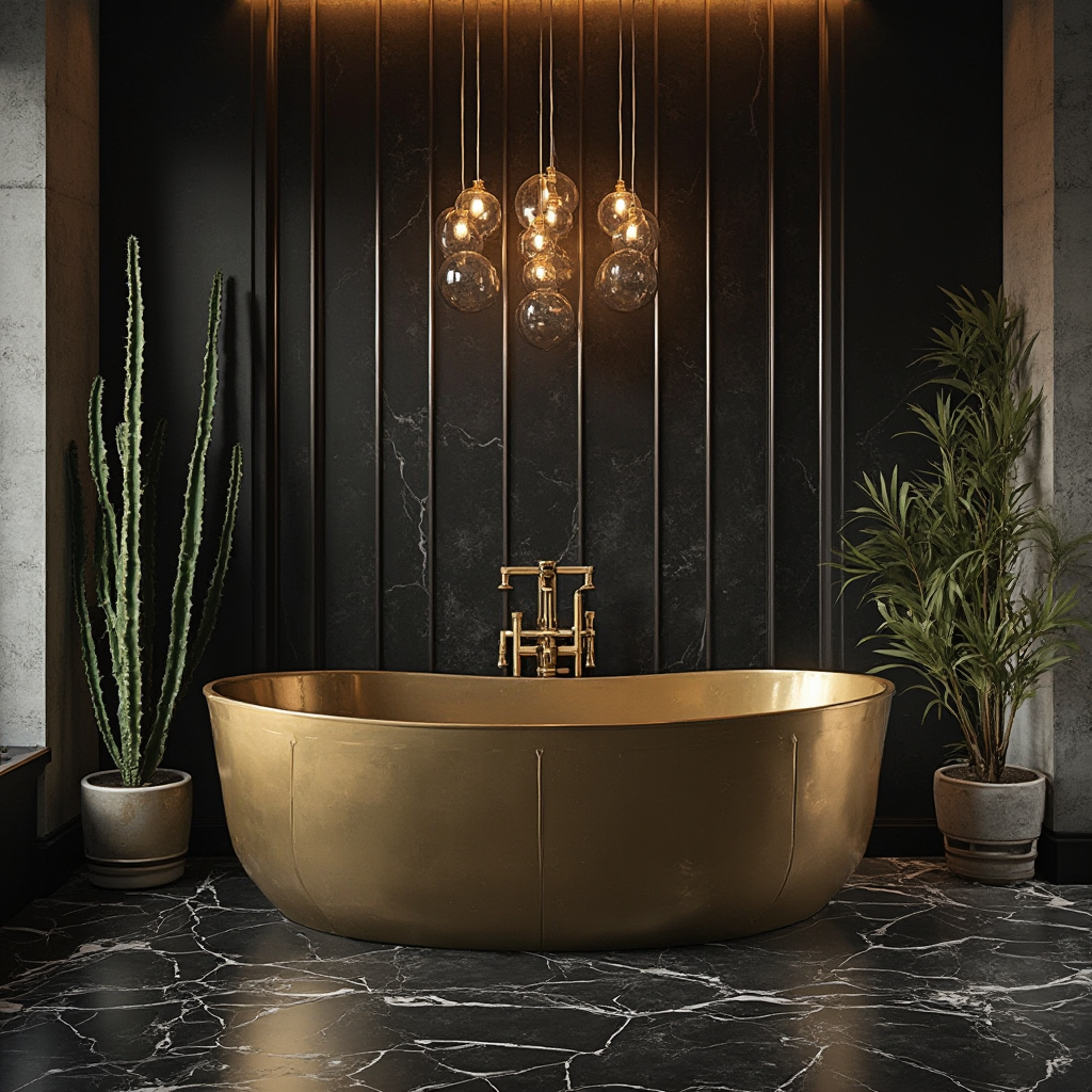 Złota wanna wolnostojąca na czarnej podłodze marmurowej, industrialne oświetlenie szklanymi kulami, pustynne rośliny w donicach