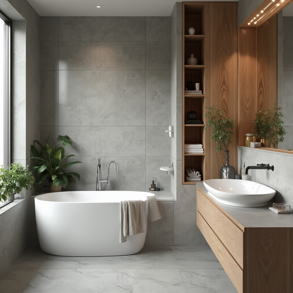 Szara wanna zabudowana z drewnianą obudową i schowkami, zintegrowany parapet z roślinami, nowoczesna bateria ścienna