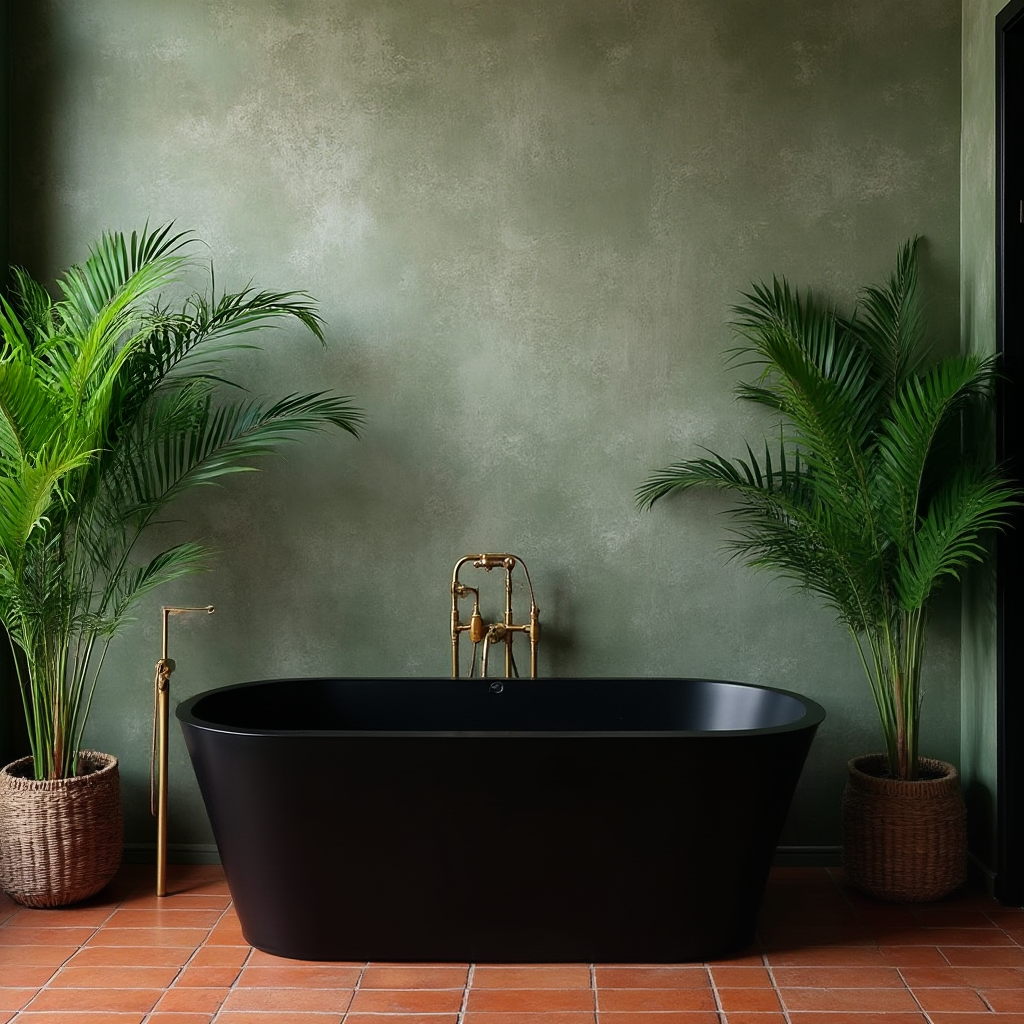 Czarna prostokątna wanna wolnostojąca w łazience z zielonymi roślinami tropikalnymi, złote krany, podłoga z terakoty