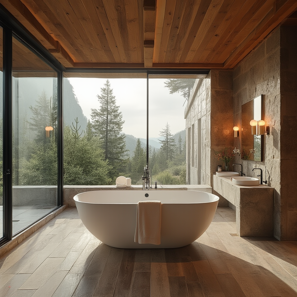 Panoramiczne zdjęcie łazienki z wanną pośrodku, widok 360°, mieszanka materiałów: drewno, kamień i szkło, ciepłe oświetlenie żarowe
