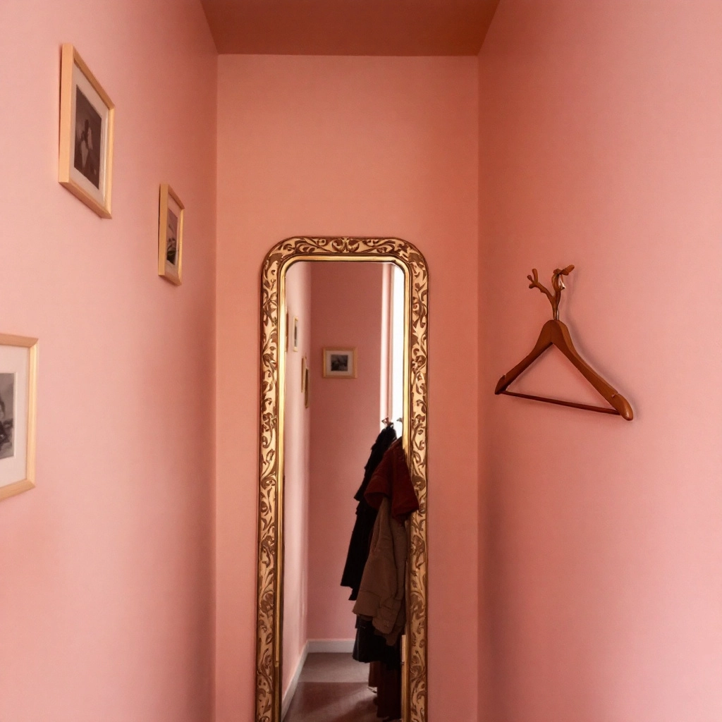 Wąski korytarz w pastelowym różu z podłużnym lustrem w złotej ramie, wiszący wieszak w kształcie gałęzi