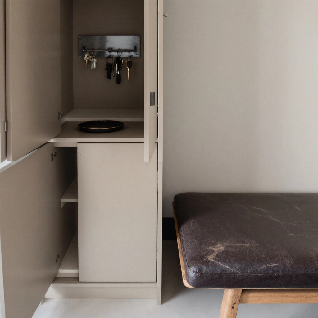 Wysoka, wąska szafka przedpokojowa w kolorze taupe z otwartą półką na klucze, obok składana ławka ze skórzanym siedziskiem