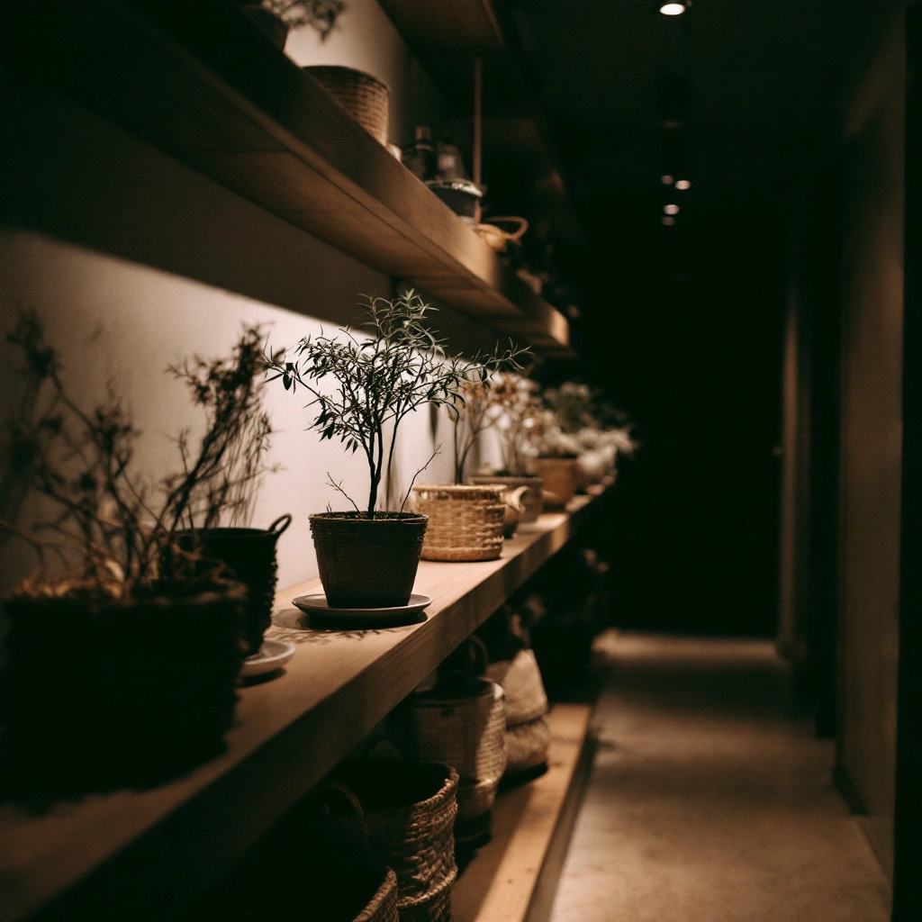 Długi przedpokój z serią półek montowanych od podłogi do sufitu, na nich minimalistyczne donice i wiklinowe kosze