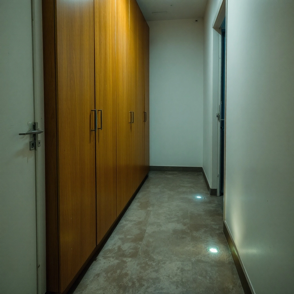 Wąski przedpokój w bloku z zabudowaną szafą sięgającą sufitu, drzwi pomalowane na biało, wbudowane oświetlenie LED w podłodze