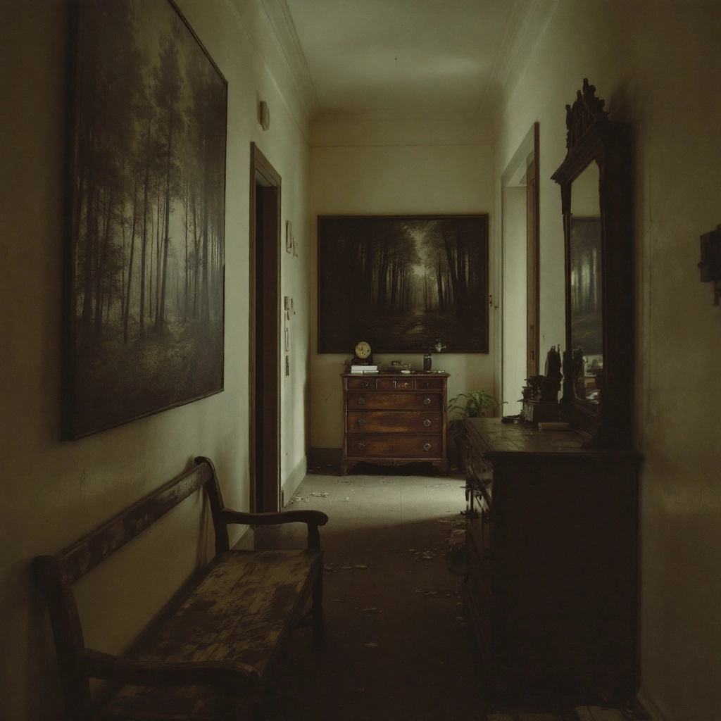 Długi korytarz z podziałem na strefy: drewniana ławka przy wejściu, środkowa część z szafką-komodą, końcowa z wielkoformatowym zdjęciem lasu