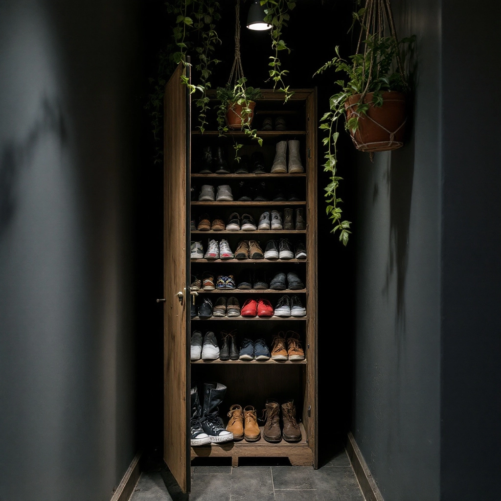 Perspektywa wąskiego przedpokoju z szarymi ścianami, otwartą szafką na buty z sezonowym obuwiem, wiszącymi roślinami w makramach