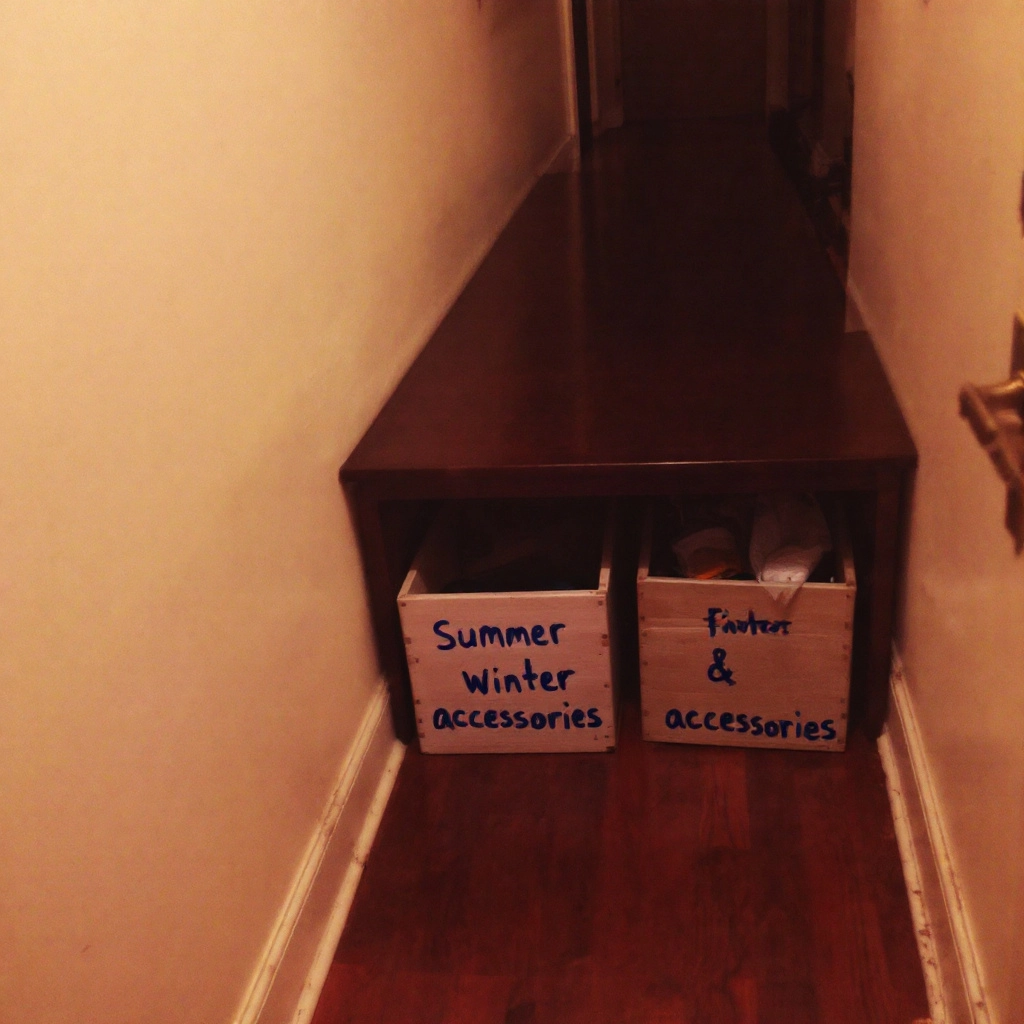 Wąski przedpokój z drewnianymi skrzynkami pod ławką, każda oznaczona etykietą: lato/zima/akcesoria
