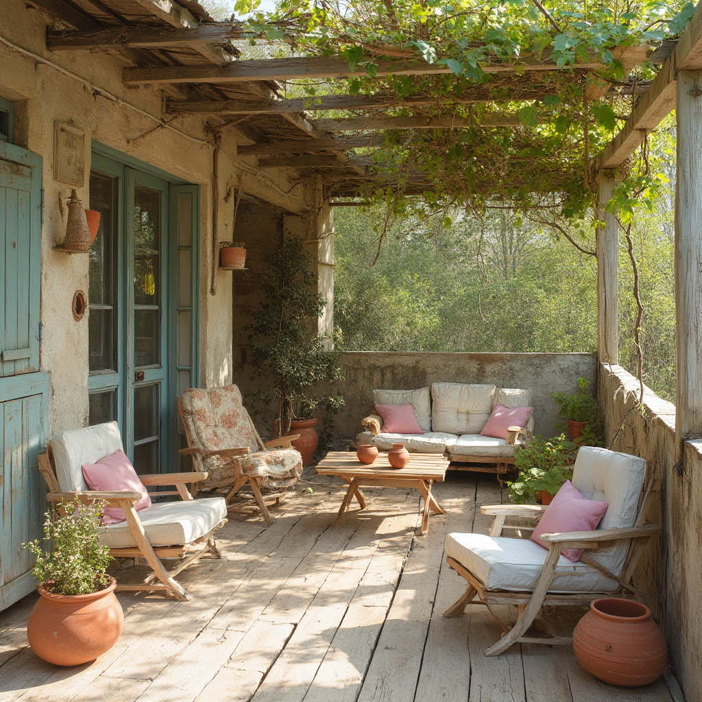 Aranżacja balkonu z recyklingowanego drewna z meblami w pastelowych kolorach i donicami z ceramiki terakotowej. W tle rośliny pnącze na kratownicy.