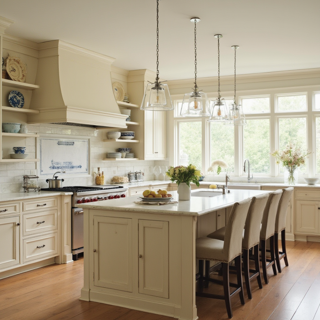 Kuchnia w stylu amerykańskim z wyspą centralną wyposażoną w barowe krzesła, szafki shaker w kolorze ecru oraz otwarte półki z porcelanowymi naczyniami.