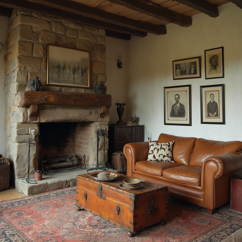 Amerykański salon z kominkiem obłożonym kamieniem, skórzaną sofą w kolorze karmelu oraz drewnianą skrzynią jako stolik kawowy. Na ścianie vintage'owe zdjęcia w czarnych ramach.