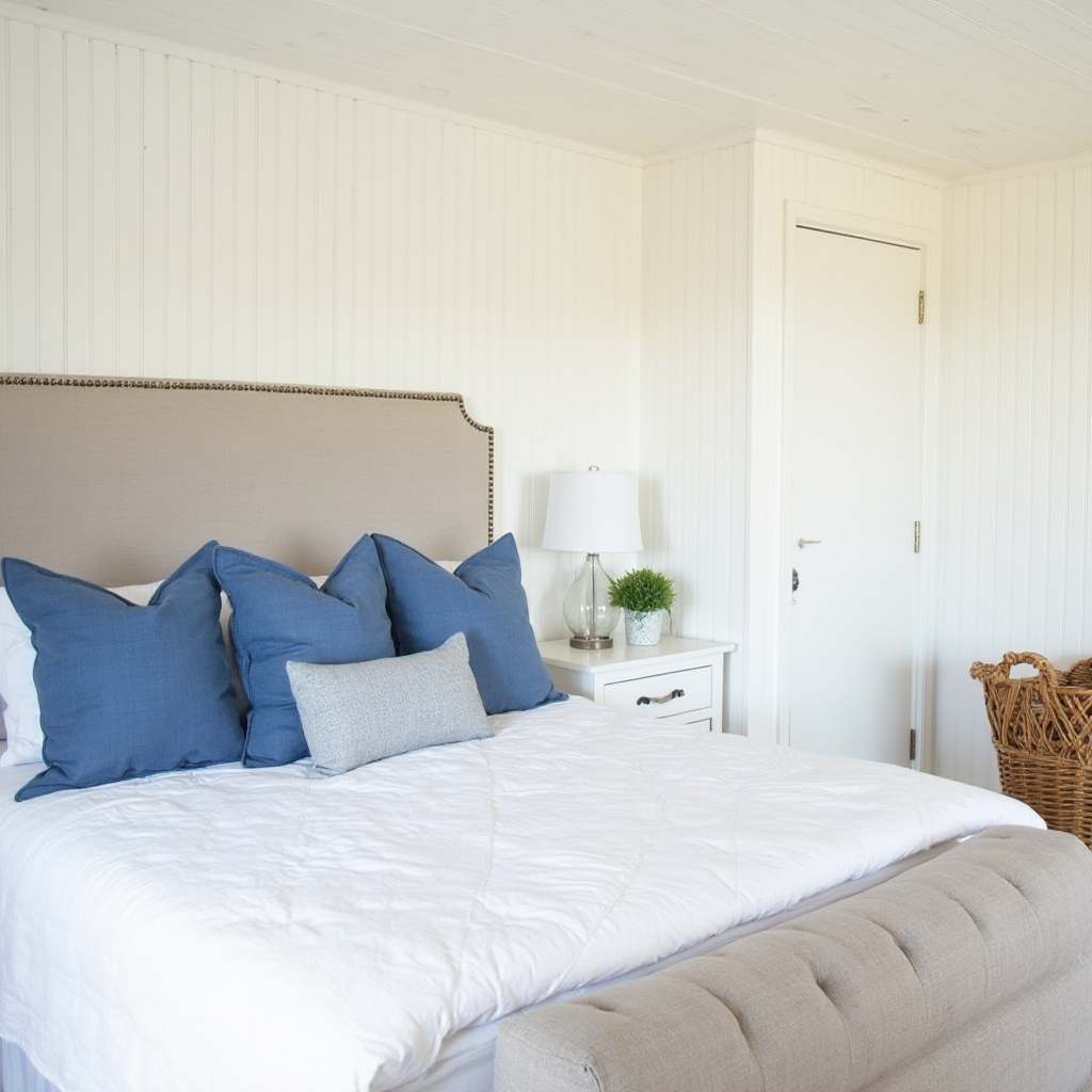 Sypialnia w stylu Hamptons z łóżkiem z tapicerowanym zagłówkiem, białą pościelą z niebieskimi poduszkami i wiklinowym koszem na bieliznę. W tle drewniane panele ścienne pomalowane na biało.