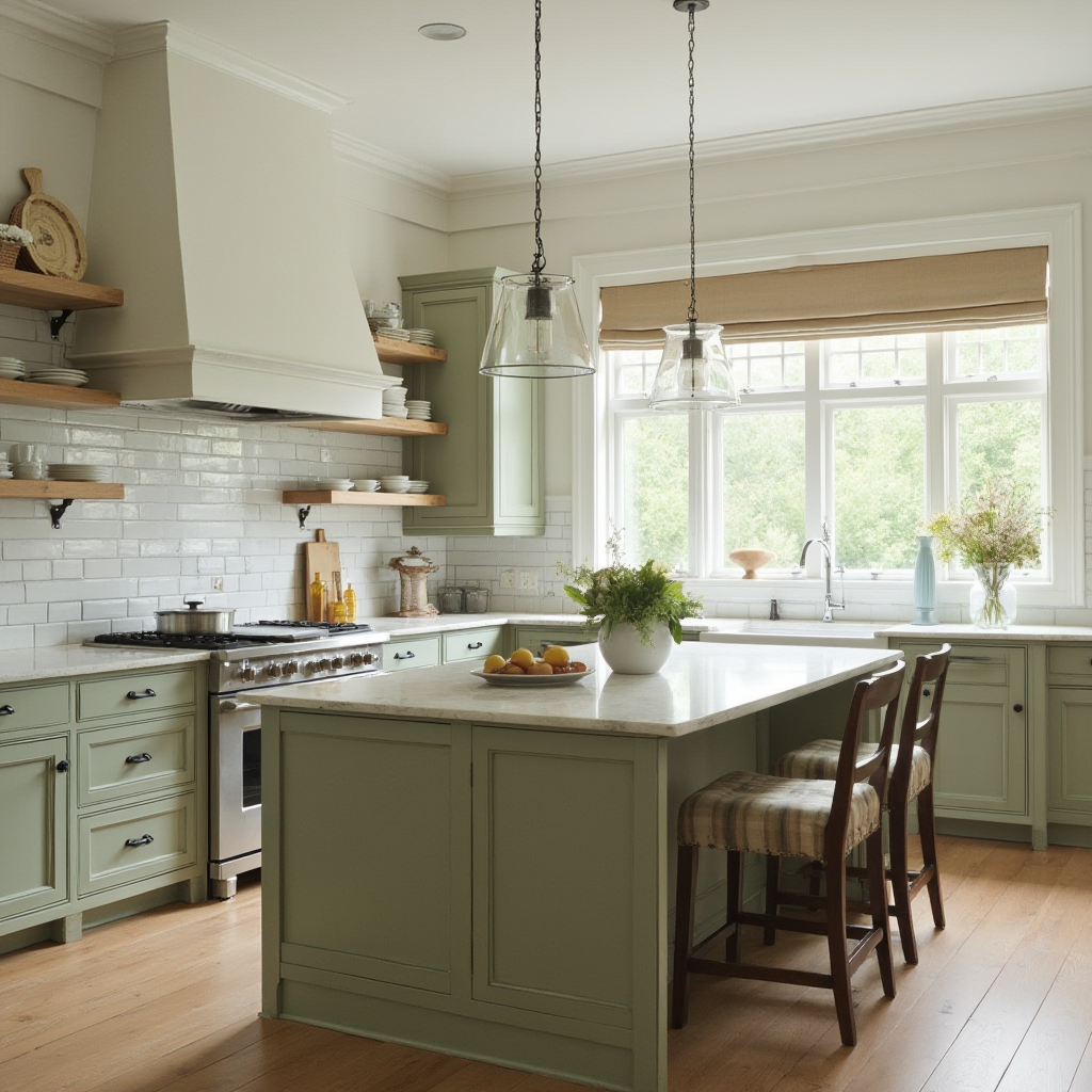 Amerykańska kuchnia z wyspą centralną wyposażoną w barowe krzesła, szafki shaker w kolorze sage green oraz otwarte półki z porcelanowymi naczyniami.