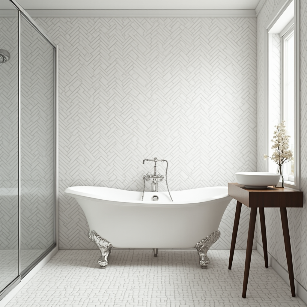 Amerykańska łazienka z wanną na nóżkach, drewnianym stołem pod umywalkę i szklanym panelem prysznicowym. Na ścianie płytki subway w układzie herringbone.