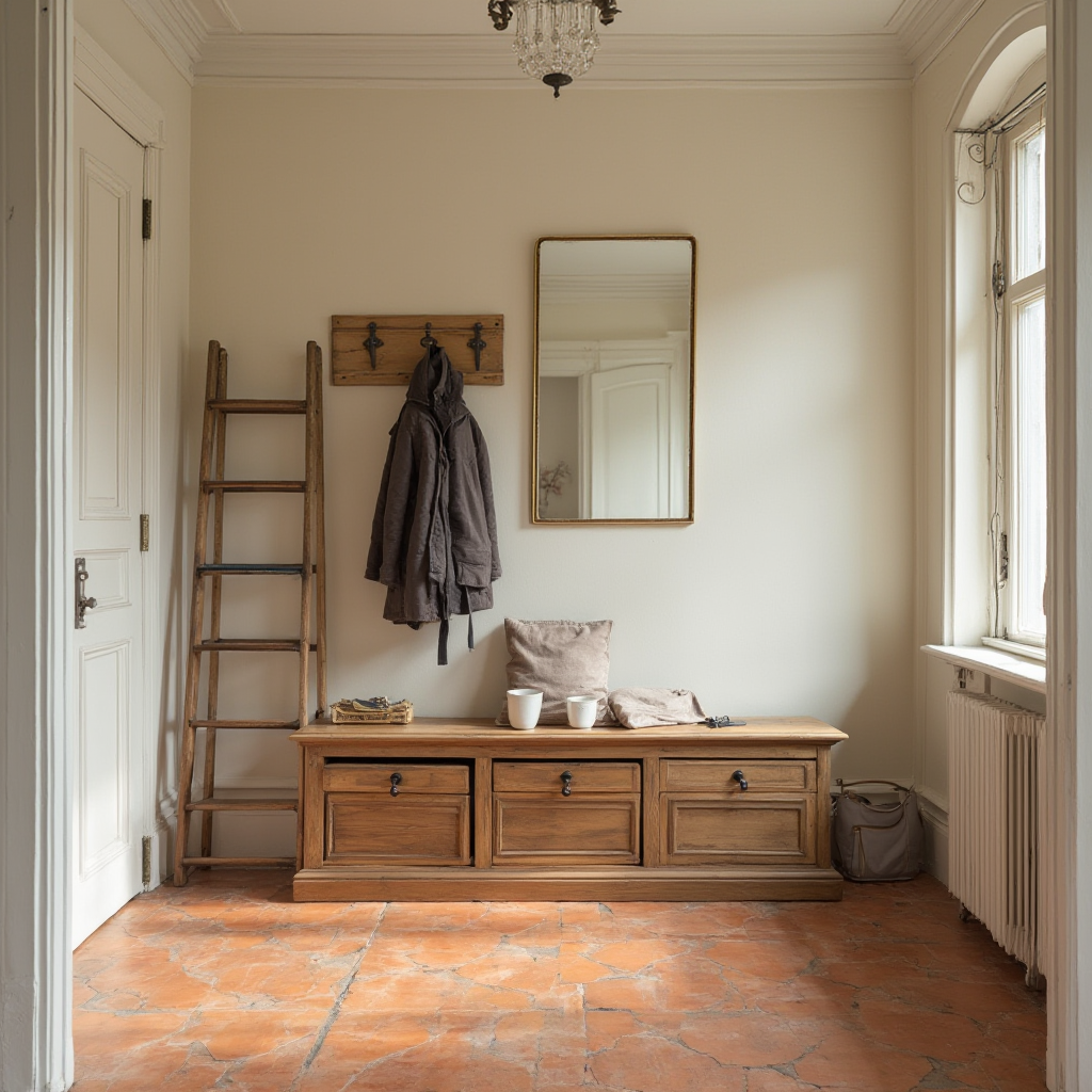 Hol wejściowy w stylu amerykańskim z drewnianą ławą ze schowkiem, wieszakiem na kurtki w formie drabiny i lustrem w złotej ramie. Podłoga z terakoty w wzór szachownicy.