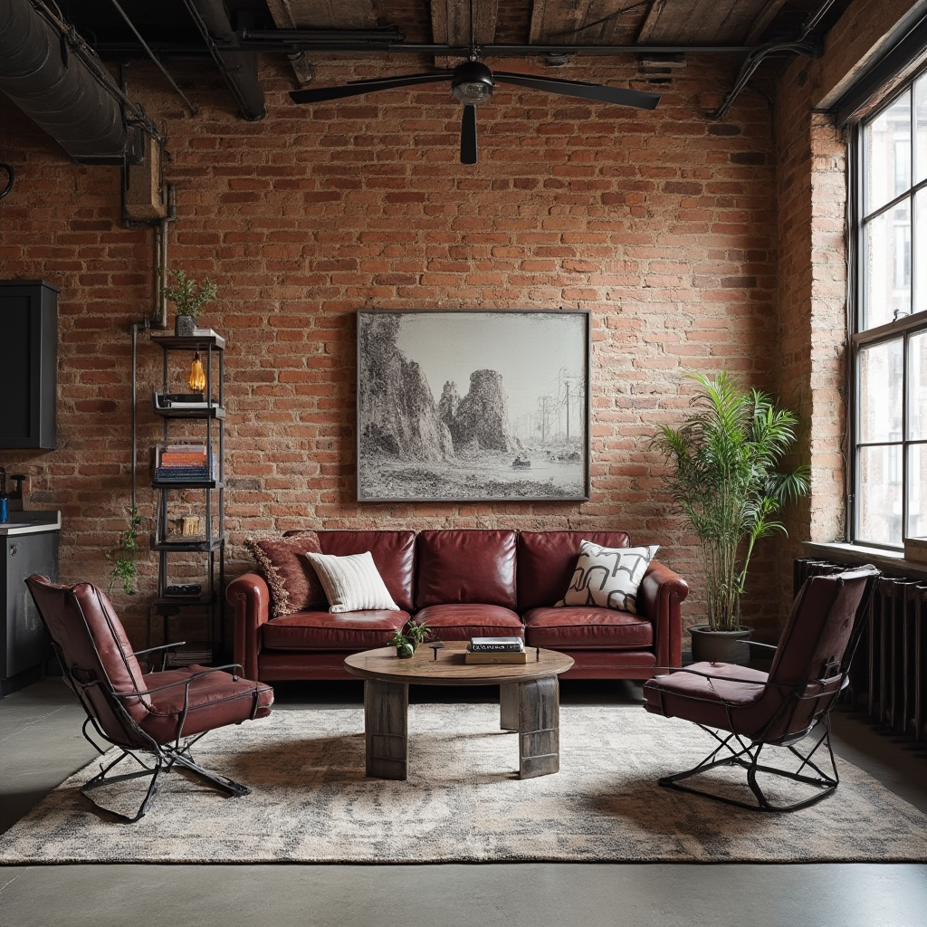 Nowojorski apartament w stylu loftowym z ceglaną ścianą, industrialnymi meblami z metalu i skórzaną sofą w kolorze burgunda.