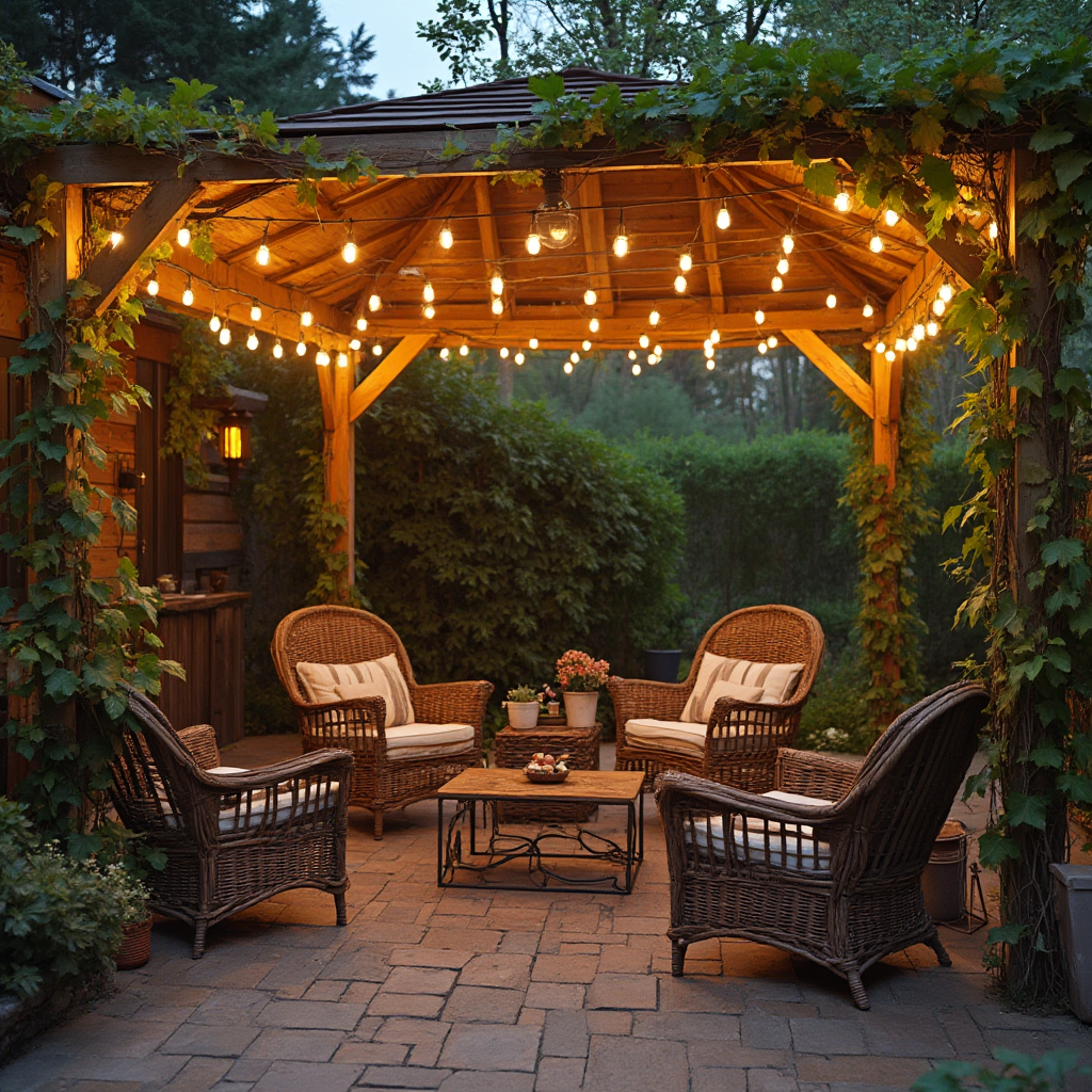 Taraz w stylu amerykańskim z wiklinowymi fotelami, drewnianym stołem i oświetleniem w formie girlandy żarówek. W tle drewniana altana obsadzona pnączami.
