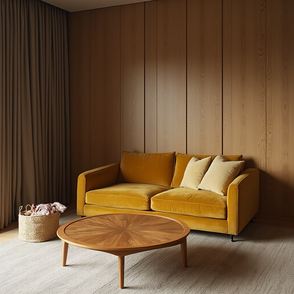 Narożnik salonowy z niską, obitą welurem kanapą w kolorze musztardowym, drewnianym stolikiem kawowym z intarsjowanym blatem oraz wiklinowym koszem z kocami. W tle ściana wyłożona boazerią w kolorze ciemnego dębu.