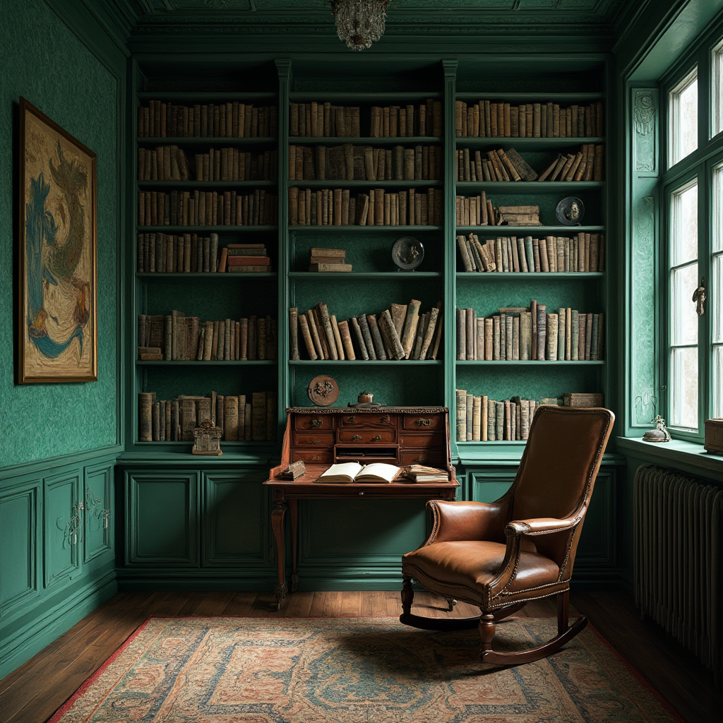 Biblioteka z tapetą w groszki w kolorze malachitowym, wiszącymi półkami z książkami w skórzanych oprawach oraz skórzanym fotelem bujanym. Pod oknem stoi sekreter z otwartym pulpitem, na którym leży kałamarz i pióro wieczne.