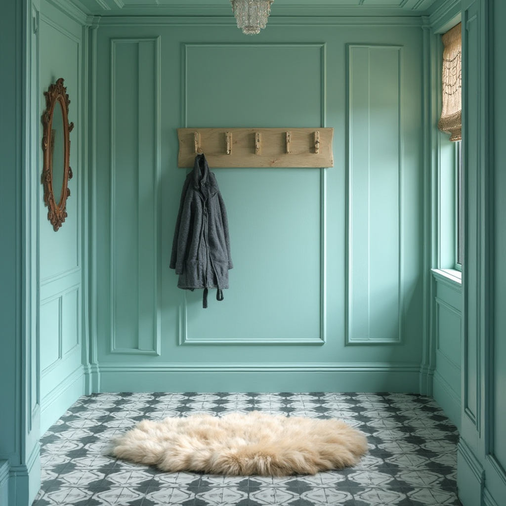 Przedpokój z boazerią malowaną na kolor seledynowy, wiszącym wieszakiem z drewnianymi kołkami, lustrem w owalnej ramie oraz podłogą z czarno-białych płytek ułożonych w szachownicę. Na podłodze leży owalny dywanik ze sztucznego futra.