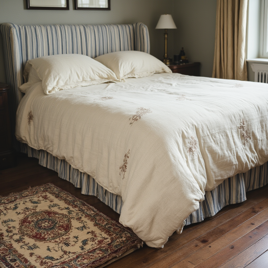 Łóżko z kolumnowym zagłówkiem obite tkaniną w niebieskie pasy, przykryte narzutą w kolorze ecru z aplikacjami. Na podłodze leży owalny dywan z wełny w orientalne wzory.