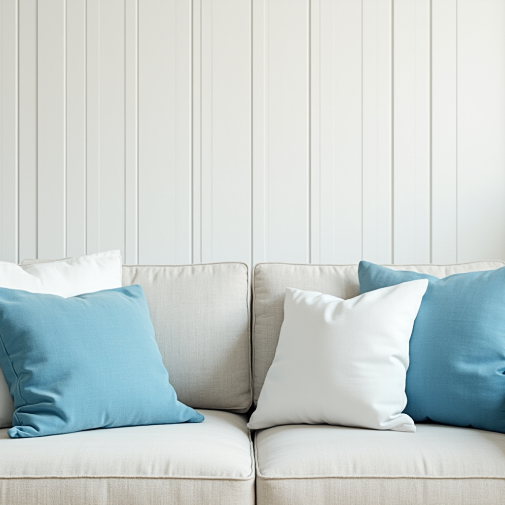 Kompozycja poduszek w odcieniach błękitu i bieli na jasnobeżowej sofie, z tłem w postaci ściany z desek malowanych na biało, kadr z góry