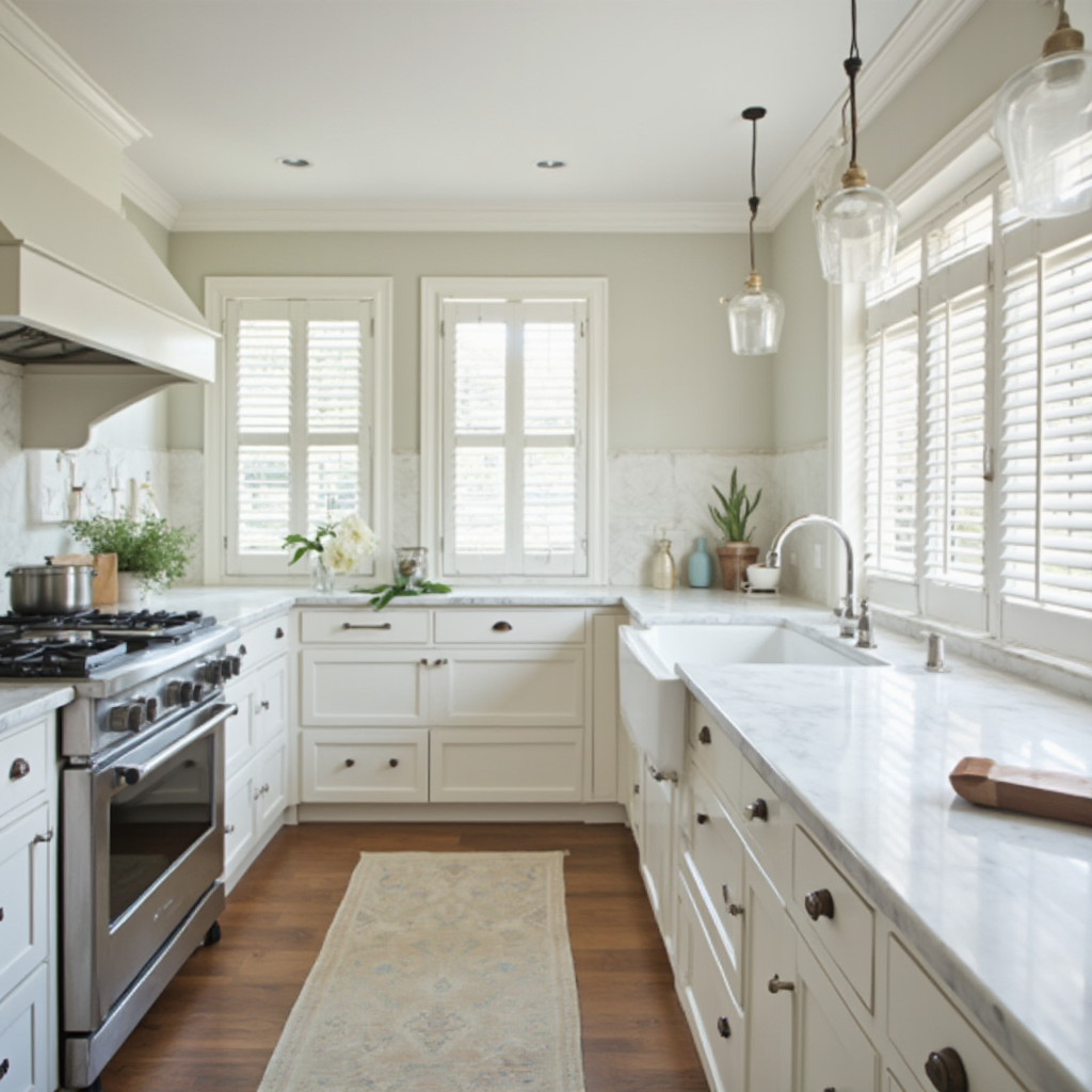 Kuchnia w stylu hampton z białą wyspą, marmurowym blatem i szafkami z shuttersami, kadr z perspektywy stołu barowego