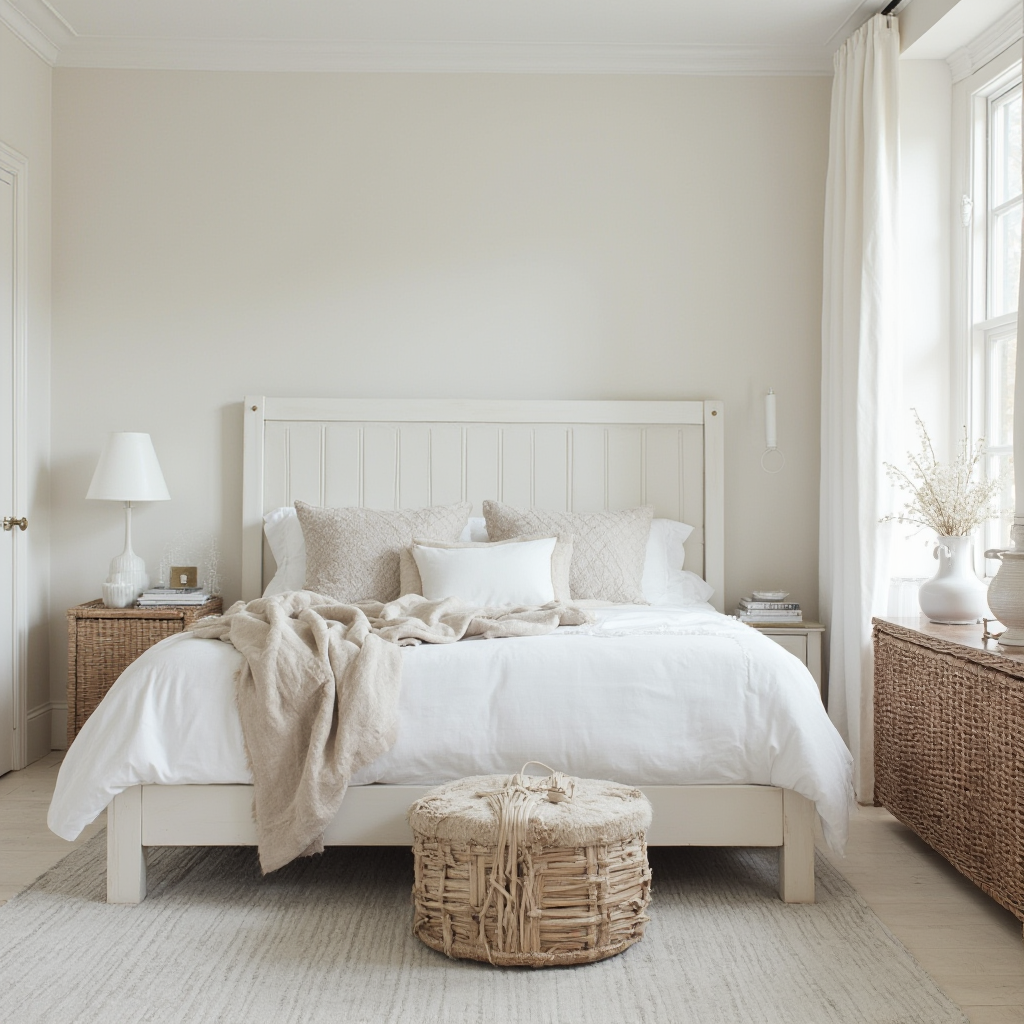 Sypialnia w stylu hampton z białą ramą łóżka, lnianą pościelą i wiklinowym stołem nocnym, kadr z naciskiem na tekstury