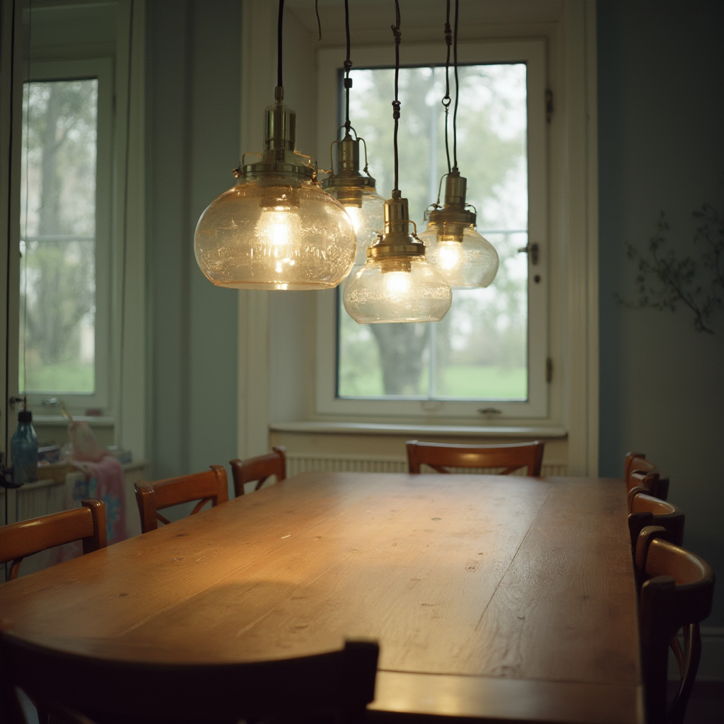 Stół jadalniany z serią trzech szklanych kloszy wiszących nad drewnianym blatem, kadr z perspektywy krzesła