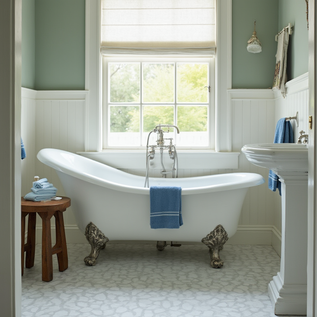 Łazienka w stylu hampton z wanną na lwich nóżkach, drewnianym stołkiem i niebieskimi ręcznikami, kadr z widokiem na umywalkę
