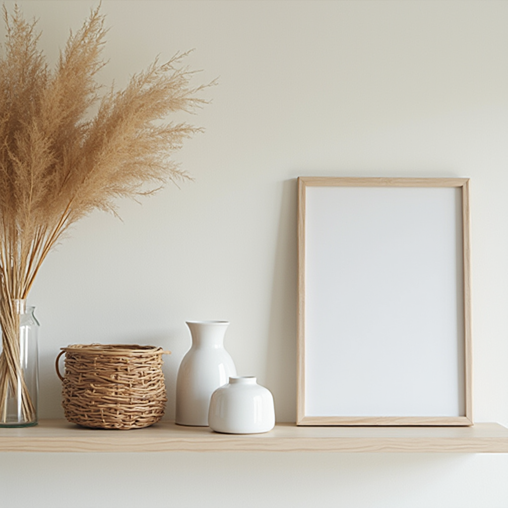 Półka ścienna z białą ceramiką, wiklinowym koszem i suszonymi trawami w szklanym naczyniu, kadr z bokeh w tle