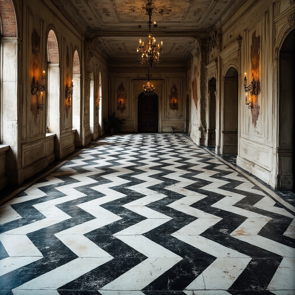 kontrastowa aranżacja z czarno-białą wykładziną w zygzakowate wzory, podkreślona ceglastymi akcentami w dekoracjach