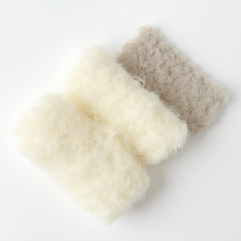 porównanie włókien wykładzinowych: próbki poliamidowej, wełnianej i polipropylenowej wykładziny ułożone na białym tle